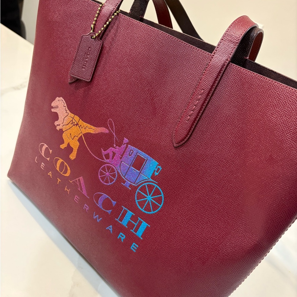 Coach Burgundy Leather Tote with Blue Accents